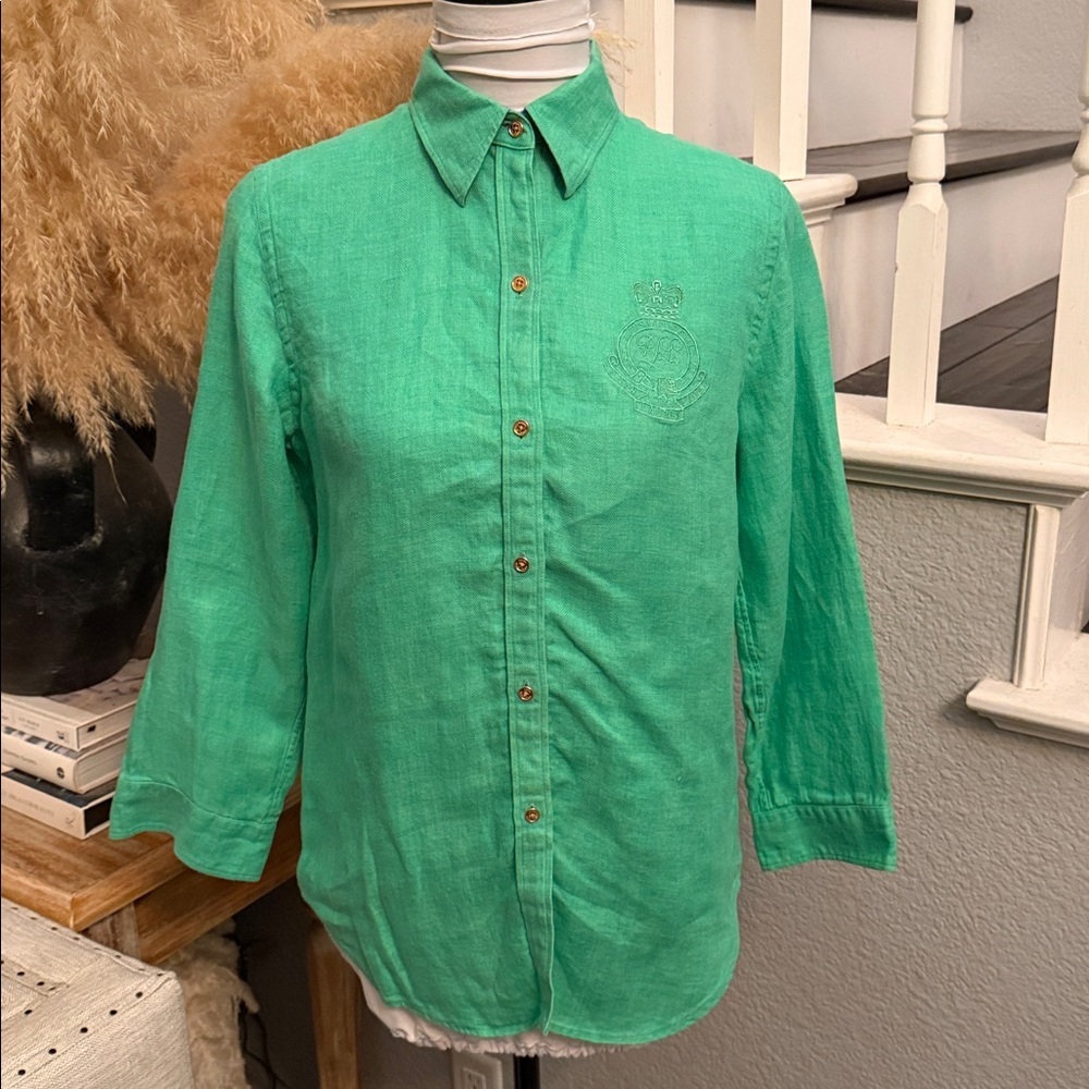 Lauren Ralph Lauren Green 100% Linen Button Down Shirt 3/4 Sleeve Size Small
